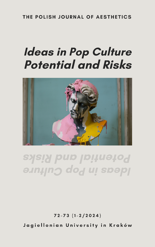Cover of The Polish Journal of Aesthetics titled “Ideas in Pop Culture: Potential and Risks,” featuring a classical bust splashed with pink, yellow, and black paint against a muted blue background; issue 72–73 (1–2/2024), Jagiellonian University in Kraków.